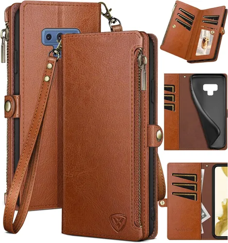 Vista 7 de XcaseBar Funda tipo cartera para Samsung Galaxy Note 9 con cremallera y tarjetero de crédito con bloqueo RFID, funda de piel sintética con tapa
