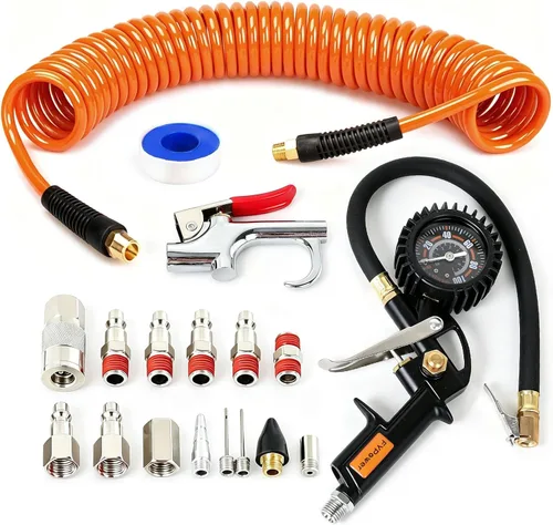 Vista 7 de Kit de accesorios para compresor de aire de 18 piezas, kit de manguera de compresor de aire de polímero retráctil de 1/4 pulgadas x 25 pies Azul