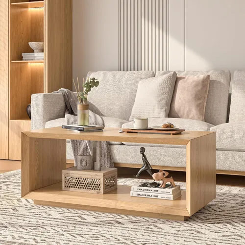 Vista 7 de Mesa auxiliar con almacenamiento, moderna de mediados de siglo, mesa rectangular de té de cóctel, mesa de centro de madera de granja para sala