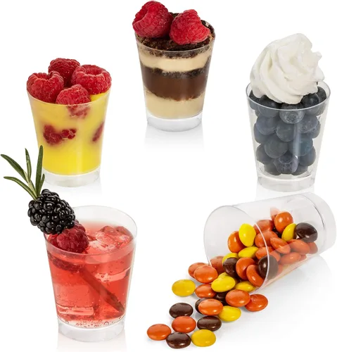 Vista 3 de Mini tazas de postre de 2 onzas, 96 unidades, vasos redondos de plástico transparente para fiestas, cuencos de postre pequeños de plástico, tazas