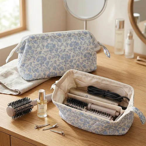 Vista 2 de Bolsa de viaje acolchada para herramientas para el cabello compatible con Dyson secador de pelo, bolsa de herramientas para el cabello floral Azul