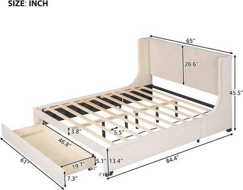 Vista 2 de Moderna cama de almacenamiento de madera, cama de plataforma tamaño Queen con un cajón grande, cama de plataforma tapizada de terciopelo