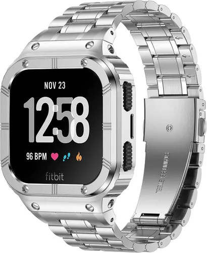 Vista 7 de BAITEYOU Correa de reloj de acero inoxidable con funda compatible con Fitbit Versa/Fitbit Sense Bands, pulseras de metal protectoras resistentes