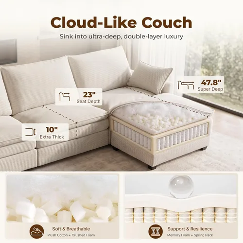 Vista 3 de Sofá modular en forma de L de 111.4 pulgadas con otomana Beige