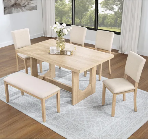 Vista 26 de LUMISOL - Juego de mesa de comedor de madera maciza con 4 sillas tapizadas y banco para cocina, comedor, sala de estar, gris plateado