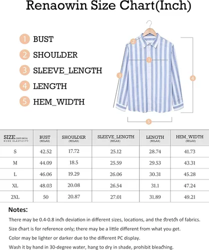 Vista 5 de Renaowin Camisas de manga larga con botones, estilo casual, a rayas, de algodón