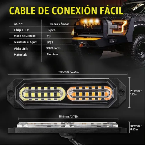 Vista 8 de Luces estroboscópicas de rejilla LED con interruptor de 9 teclas, 20 modos de parpadeo, montaje en superficie, barra de luz de emergencia mini de 12