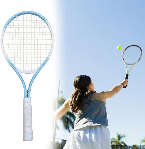 Vista 5 de predolo Raqueta de tenis con agarre cómodo y cuerdas de nailon para práctica de playa, azul y blanco