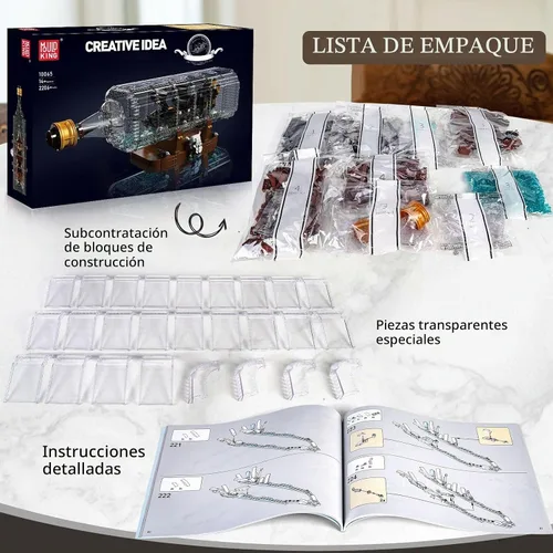 Vista 7 de Mould King 10065 - Botella de deriva con juego de bloques de construcción de barcos de perlas negras, modelo de barco pirata en botella, kit