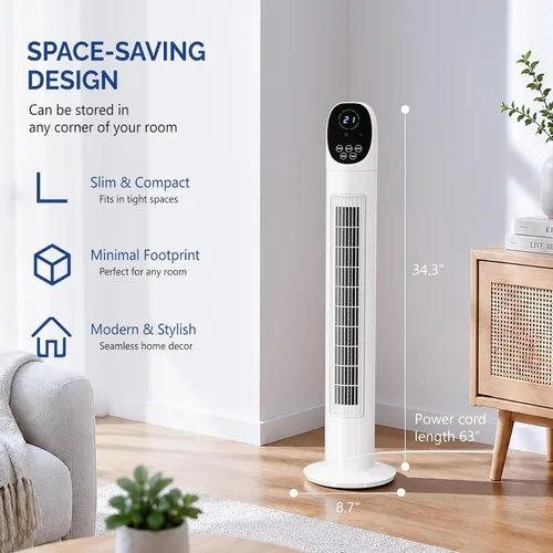 Vista 7 de ROVSUN Ventilador de torre sin aspas de 34 pulgadas con pantalla digital y control remoto, refrigeración turbo con 3 velocidades, temporizador de 9