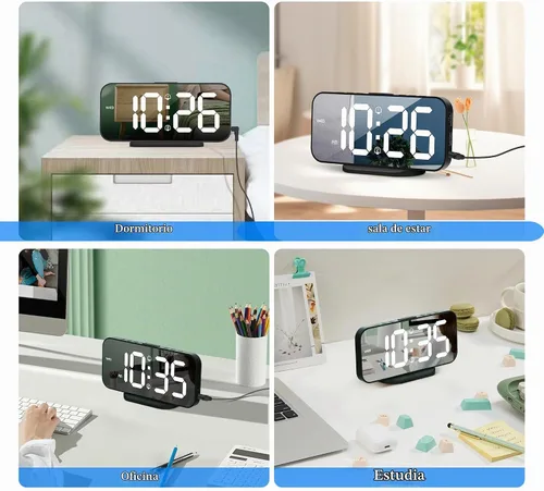 Vista 2 de Reloj despertador digital para dormitorio, superficie de espejo LED de 6.7 pulgadas con 2 puertos de carga USB, brillo ajustable, alarma doble Negro