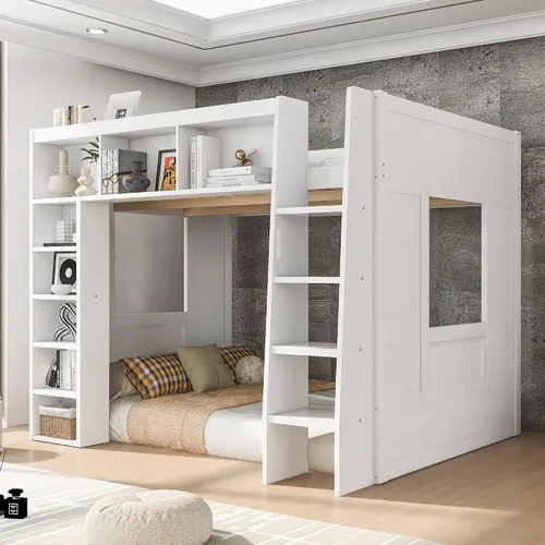 Vista 10 de Playhouse Wood Twin Size Loft Bed with Storage Staircase, Desk, Shelves