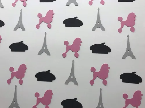 Vista 3 de Confeti de París, decoración de fiesta temática de París, confeti de caniche, confeti de la torre Eiffel, decoración de fiesta de cumpleaños