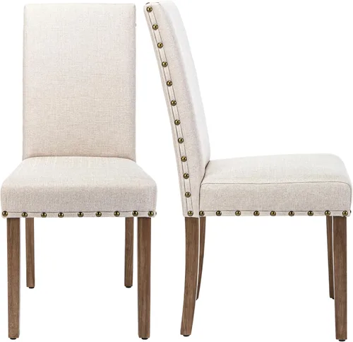Vista 13 de Juego de sillas de comedor Parsons para cocina, tapizadas, modernas, de tela con respaldo alto y ribete de cabeza de clavo en bronce, paquete de 2