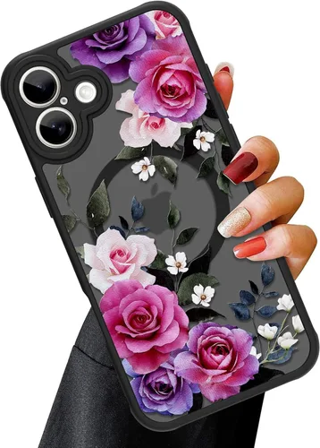 Vista 118 de OOK Funda magnética para iPhone 13 Pro Max [compatible con MagSafe] Funda delgada translúcida mate con flor silvestre negra, protección para lente