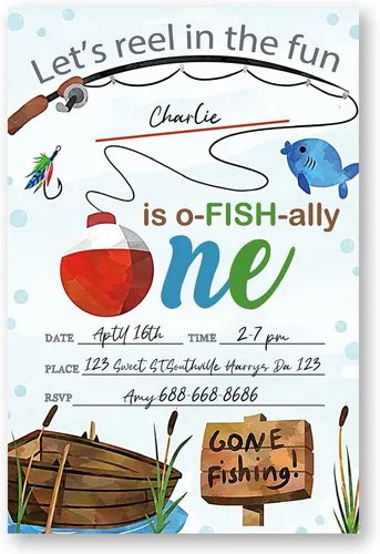 Vista 3 de Pesca 1st O-Fish-Ally - Decoraciones de un cumpleaños, celebración de fiesta de pesca, invitaciones de pesca para cumpleaños. (086)