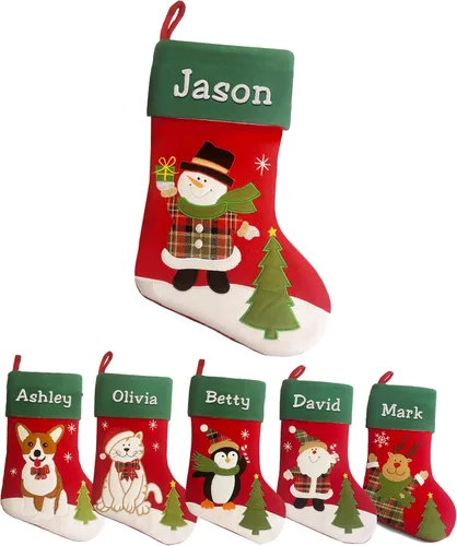 Vista 11 de Printualist Medias de Navidad Personalizadas (18 pulgadas) - Nombre Bordado Personalizado Rojo Verde Marfil Santa Ciervo Árbol Mascota Gato Perro