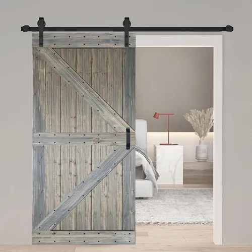 Vista 41 de Serie K. Puerta corredera de granero de madera maciza acabada con kit de herrajes (marrón/nogal, 24 x 84 pulgadas)