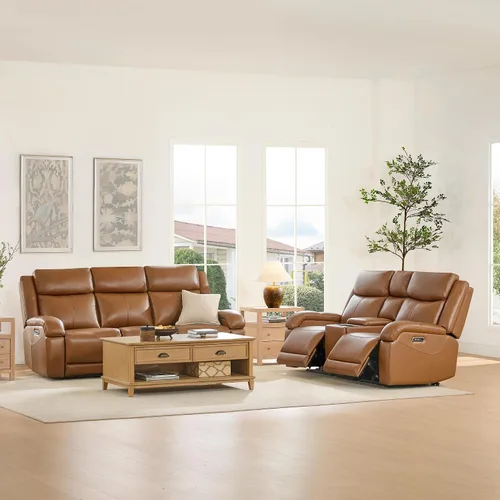 Vista 27 de Watson & Whitely Sofá reclinable eléctrico de piel auténtica, sofás reclinables de pared de 3 plazas con consola de almacenamiento, reposacabezas