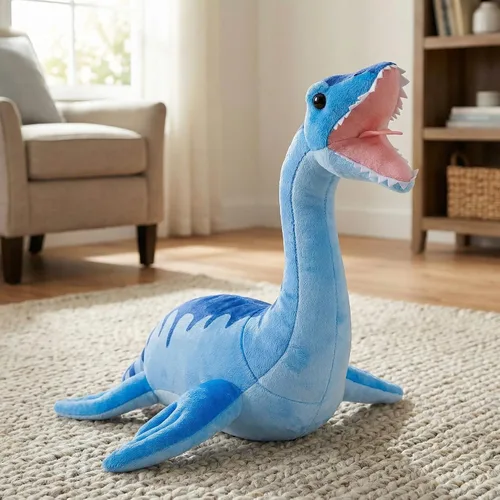 Vista 5 de Juguete de peluche de dinosaurio de Plesiosaurio de simulación, juguete de peluche de dinosaurio azul de 16 pulgadas, figuras de peluche suaves