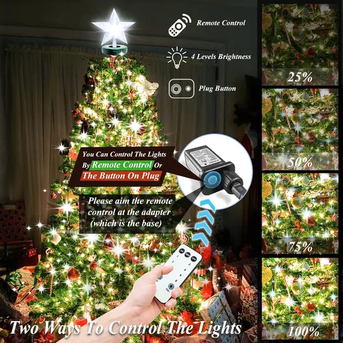 Vista 3 de aneeway Luces para árbol de Navidad con remates de estrella, 410 luces LED de Navidad con 8 modos y función de memoria, tira de luces de 6.6 pies x