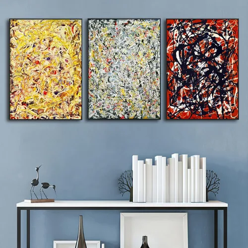 Vista 3 de INVIN ART Jackson Pollock - Lienzo enmarcado de 3 piezas, serie de pintura combinada #1 de Jackson Pollock, arte de pared, arte abstracto moderno