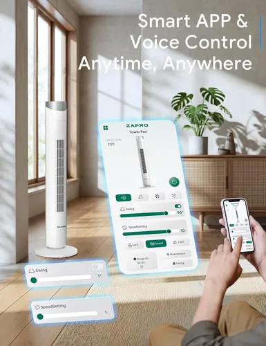 Vista 5 de ZAFRO Ventilador de torre inteligente para dormitorio, ventilador de torre oscilante de 120°, 28 pies/s de alta velocidad, 12 velocidades, 4 modos