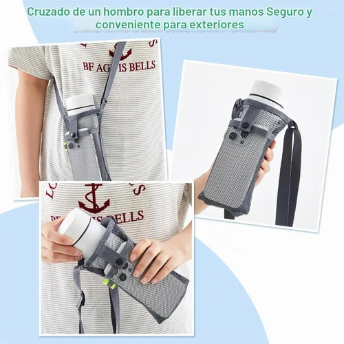 Vista 3 de Mumufy Soporte para botella de agua con correa ajustable, soporte de malla para vasos, ligero, de nailon, con bolsa para caminar, senderismo Clásico
