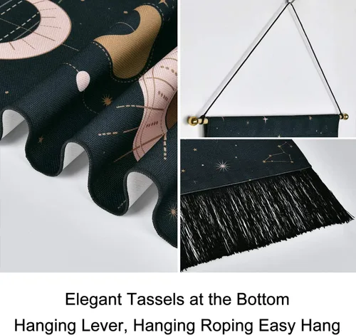 Vista 5 de Arte para colgar en la pared de fase lunar, tapiz bohemio para habitación (negro, 12.8 x 51.2 pulgadas)