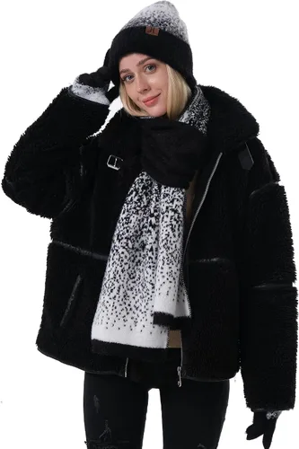 Vista 6 de Conjunto de gorro de punto de invierno para mujer y guantes para pantalla táctil, bufanda larga con forro polar cálido, bufandas para mujer