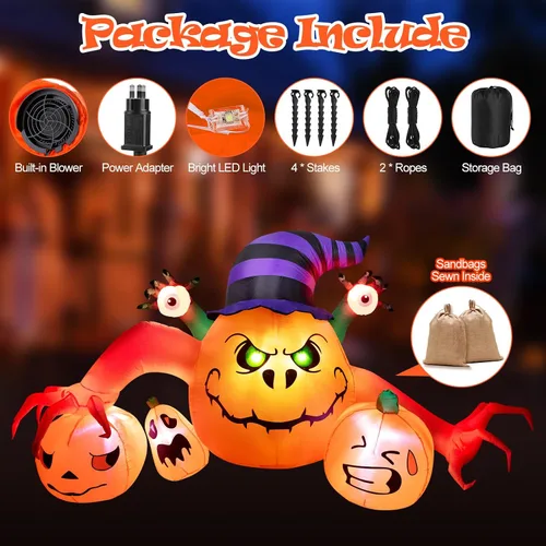 Vista 4 de Decoraciones inflables de Halloween de 8 pies de largo, decoraciones de calabaza con luces LED integradas, linterna inflable para interiores