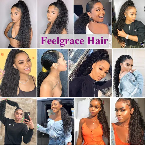 Vista 7 de Cola de caballo de cabello humano rizado con cordón brasileño Remy Extensin 3C Kinky Curly Hair Clip en pieza de pelo color natural sedoso suave 10