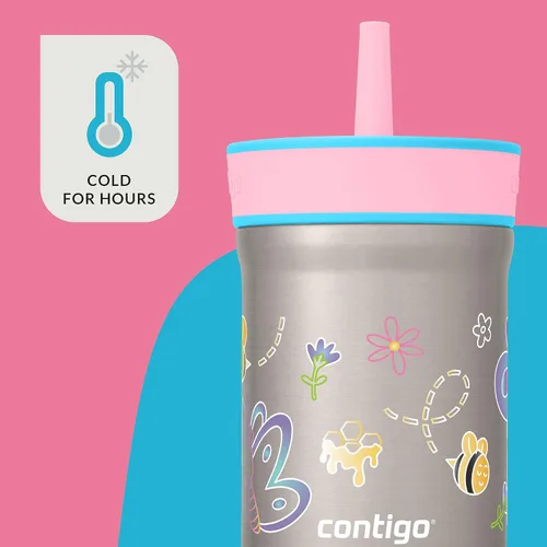Vista 2 de Contigo Leighton - Vaso con pajita para niños con tapa a prueba de derrames, 12 onzas, Frambuesa/Azalea