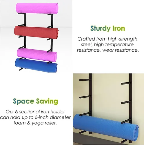 Vista 5 de Estante de almacenamiento para esterilla de yoga de 6 niveles, soporte de rodillo de espuma de hierro forjado para estudio de gimnasio en casa