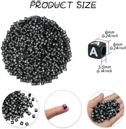 Vista 2 de Looconi 800 cuentas de letras negras cuadradas de 0.236 in de acrílico para hacer joyas DIY collar pulsera