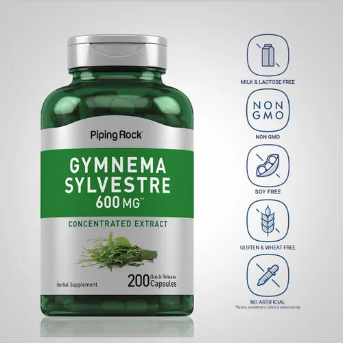 Vista 3 de Piping Rock Gymnema Sylvestre Suplementos 200 cápsulas Extracto de hierbas concentrado Sin OMG y sin gluten