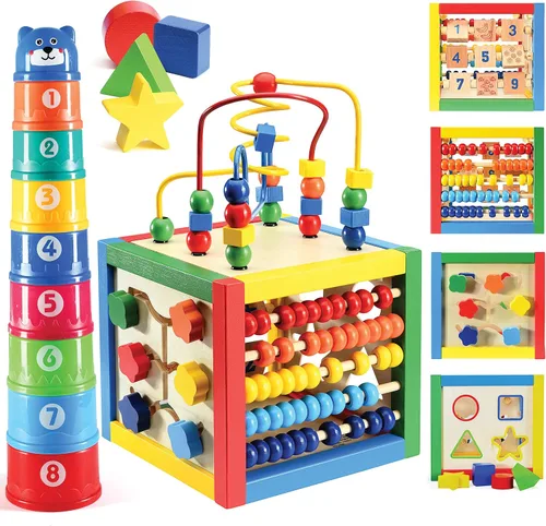 Vista 8 de Cubo de actividades de madera para bebé 6+ M - 6 en 1 juguete de aprendizaje, 8 tazas apilables
