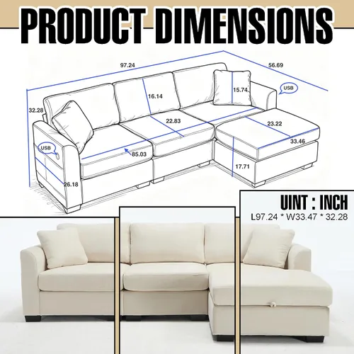 Vista 2 de Sofá modular seccional, sofá seccional beige, sofá otomano de almacenamiento móvil con almacenamiento, sofás seccionales en forma de L, 4 asientos