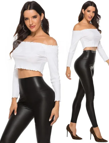 Vista 2 de SEASUM - Leggings de cuero sintético para mujer, pantalones elásticos, de cintura alta y realce de glúteos, pantalones sexis color negro