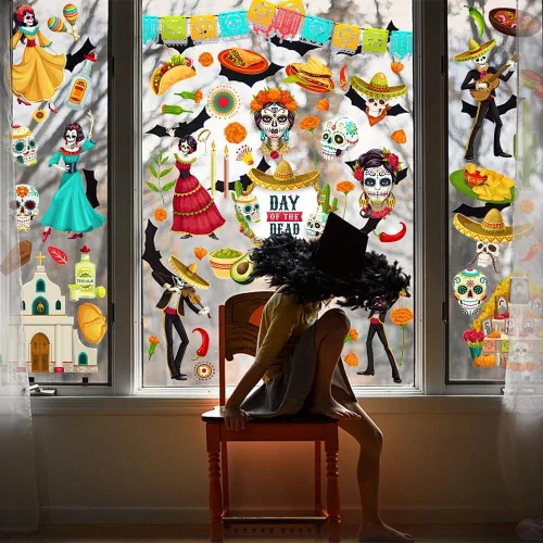 Vista 3 de 9 calcomanías para ventana de cristal del Día de los Muertos para ventanas de vidrio, removibles, calcomanías de doble cara con calavera de azúcar