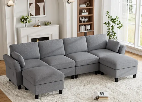 Vista 14 de Legend Vansen Sofá modular seccional, cómodo sofá modular en forma de U de 6 asientos con espacio de almacenamiento y diván, sofás seccionales Crema