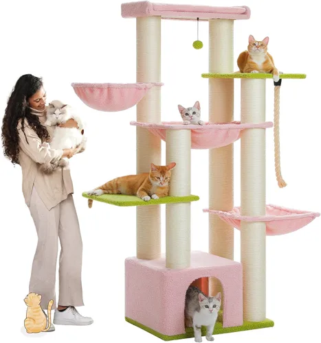 Vista 17 de MUTTROS Árbol para gatos de flores rosas de 50 pulgadas para gatos grandes y pesados, torre Maine Coon para gatos con postes rascadores extra
