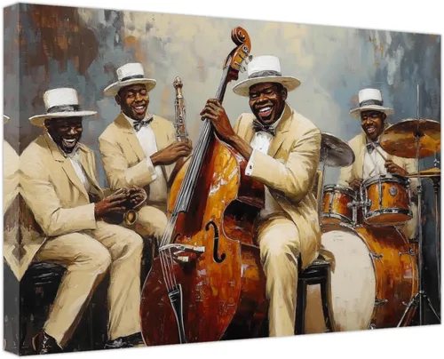 Vista 7 de SWQYLB Arte de pared con música afroamericana, pintura de banda de jazz, impresiones en lienzo abstractas negras con imágenes musicales para club