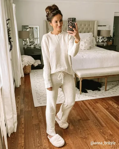 Vista 7 de luvamia - Conjunto de pijama informal para mujer, ropa de descanso de tela mullida de vellón tejido y manga larga
