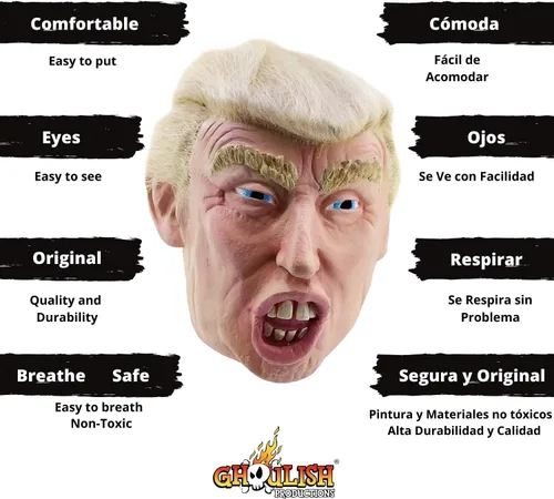 Vista 7 de Máscara de Halloween Trump con cabello para adultos, Beige