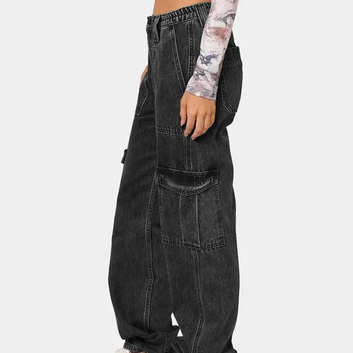 Vista 3 de Pantalones cargo para mujeres, adolescentes y niñas, de cintura alta, holgados, rectos, pierna ancha, pantalones de mezclilla Y2K con bolsillos