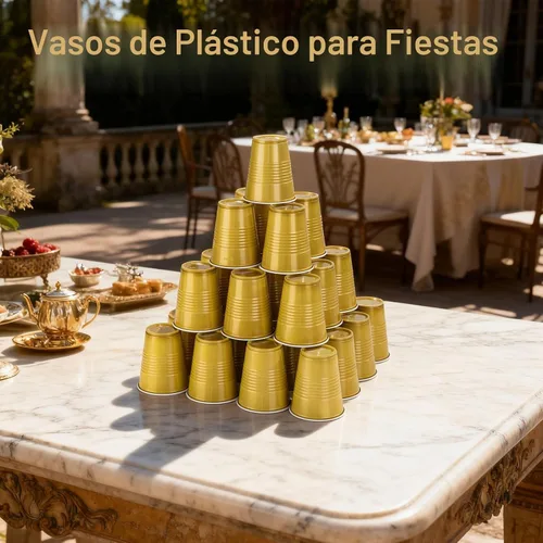 Vista 6 de WELLIFE 50 vasos de plástico dorados de 12 onzas, tazas de fiesta A-Oro