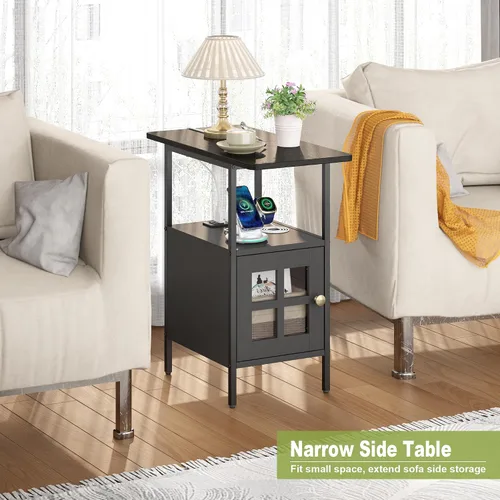 Vista 3 de Mesa Auxiliar Estrecha Estilo Granja con Estación de Carga - Mesa Lateral de 3 Niveles con USB y Enchufes, Mesa de Noche Compacta de Almacenamiento
