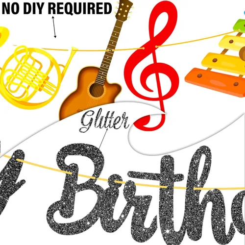 Vista 3 de Cartel de fiesta de cumpleaños con purpurina negra para instrumentos musicales, guirnalda de instrumentos musicales para tema de músico, suministros