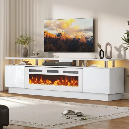 Vista 18 de oneinmil Soporte de TV con chimenea de 70 pulgadas para sala de estar, centro de entretenimiento con chimenea eléctrica con luces LED dobles